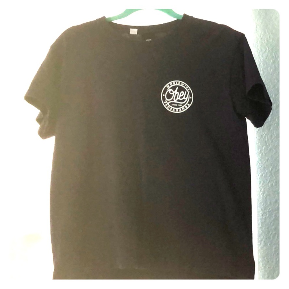 Obey purple t-shirt with graphic on front and back